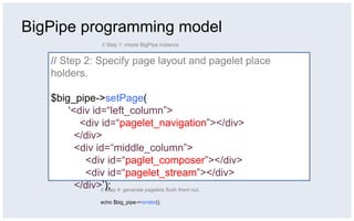 BigPipe programming model
                  // Step 1: create BigPipe instance

                  $big_pipe = BigPipe::getInstance(BigPipeType::PIPELINE);
   // Step 2: Specify page layout and pagelet place
   holders. // Step 2: Specify page layout and pagelet place holders.
                  $big_pipe->setPage(
                      ‘<div id=“left_column”>
   $big_pipe->setPage(   <div id=“pagelet_navigation”></div>
                        </div>
       ‘<div id=“left_column”>
                        <div id=“middle_column”>
                          <div id=“paglet_composer”></div>
          <div id=“pagelet_navigation”></div>
                          <div id=“pagelet_stream”></div>
                        </div>’);
         </div>// Step 3: add pagelets to the pipe
         <div id=“middle_column”>
               $big_pipe->addPagelet(
                    new UIPagelet()
           <div id=“paglet_composer”></div>
                           ->setSrc(‘/pagelet/composer.php’)
                           ->setWrapperId(‘pagelet_composer’));
           <div id=“pagelet_stream”></div>
               …

         </div>’); 4: generate pagelets flush them out.
               // Step

                  echo $big_pipe->render();
 
