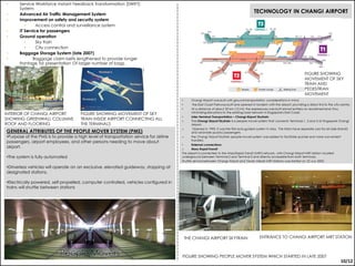 TECHNOLOGY IN CHANGI AIRPORT
• Service Workforce Instant Feedback Transformation (SWIFT)
System
• Advanced Air Traffic Management System
• Improvement on safety and security system
• Access control and surveillance system
• IT Service for passengers
• Ground operation
• Sky train
• City connection
• Baggage Storage System (late 2007)
• Baggage claim belts lengthened to provide longer
frontage for presentation Of larger number of bags.
GENERAL ATTRIBUTES OF THE PEOPLE MOVER SYSTEM (PMS)
•Purpose of the PMS is to provide a high level of transportation service for airline
passengers, airport employees, and other persons needing to move about
airport.
•The system is fully automated
•Driverless vehicles will operate on an exclusive, elevated guideway, stopping at
designated stations.
•Electrically powered, self-propelled, computer controlled, vehicles configured in
trains will shuttle between stations
THE CHANGI AIRPORT SKYTRAIN ENTRANCE TO CHANGI AIRPORT MRT STATION
FIGURE SHOWING PEOPLE MOVER SYSTEM WHICH STARTED IN LATE 2007
10/12
INTERIOR OF CHANGI AIRPORT
SHOWING GREENWALL COLUMNS
ROOF AND FLOORING
FIGURE SHOWING MOVEMENT OF SKY
TRAIN INSIDE AIRPORT CONNECTING ALL
THE TERMINALS
FIGURE SHOWING
MOVEMENT OF SKY
TRAIN AND
PEDESTRIAN
MOVEMENT
 