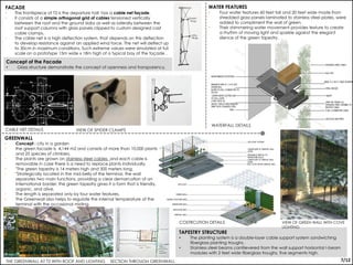 Concept of the Facade
• Glass structure demonstrate the concept of openness and transparency.
FACADE
• The frontispiece of T3 is the departure hall has a cable net façade.
• it consists of a simple orthogonal grid of cables tensioned vertically
between the roof and the ground slabs as well as laterally between the
roof support columns with glass panels clipped to custom designed cast
cable clamps.
• The cable net is a high deflection system, that depends on this deflection
to develop resistance against an applied wind force. The net will deflect up
to 30cm in maximum conditions. Such extreme values were simulated at full
scale on a prototype 15m wide x 18m high of a typical bay of the façade .
CABLE NET DETAILS
GREENWALL
• Concept : city in a garden
• the green facade is 4,144 m2 and consists of more than 10,000 plants
and 25 species of climbers.
• The plants are grown on stainless steel cables and each cable is
removable in case there is a need to replace plants individually.
• "The green tapestry is 14 meters high and 300 meters long.
• "Strategically located in the mid-belly of the terminal, the wall
separates two main functions, providing a clear demarcation of an
international border; the green tapestry gives it a form that is friendly,
organic, and alive.
• The length is separated only by four water features.
• The Greenwall also helps to regulate the internal temperature of the
terminal with the occasional misting.
THE GREENWALL AT T3 WITH ROOF AND LIGHTING SECTION THROUGH GREENWALL
COSTRCUTION DETAILS
TAPESTRY STRUCTURE
• The planting system is a double-layer cable support system sandwiching
fiberglass planting troughs.
• Stainless steel beams cantilevered from the wall support horizontal I-beam
modules with 2 feet wide fiberglass troughs, five segments high.
WATER FEATURES
• Four water features 60 feet tall and 20 feet wide made from
shredded glass panels laminated to stainless steel plates, were
added to compliment the wall of green.
• Their shimmering water movement provides texture to create
a rhythm of moving light and sparkle against the elegant
silence of the green tapestry.
WATERFALL DETAILS
7/12
VIEW OF SPIDER CLAMPS
VIEW OF GREEN WALL WITH COVE
LIGHTING
 