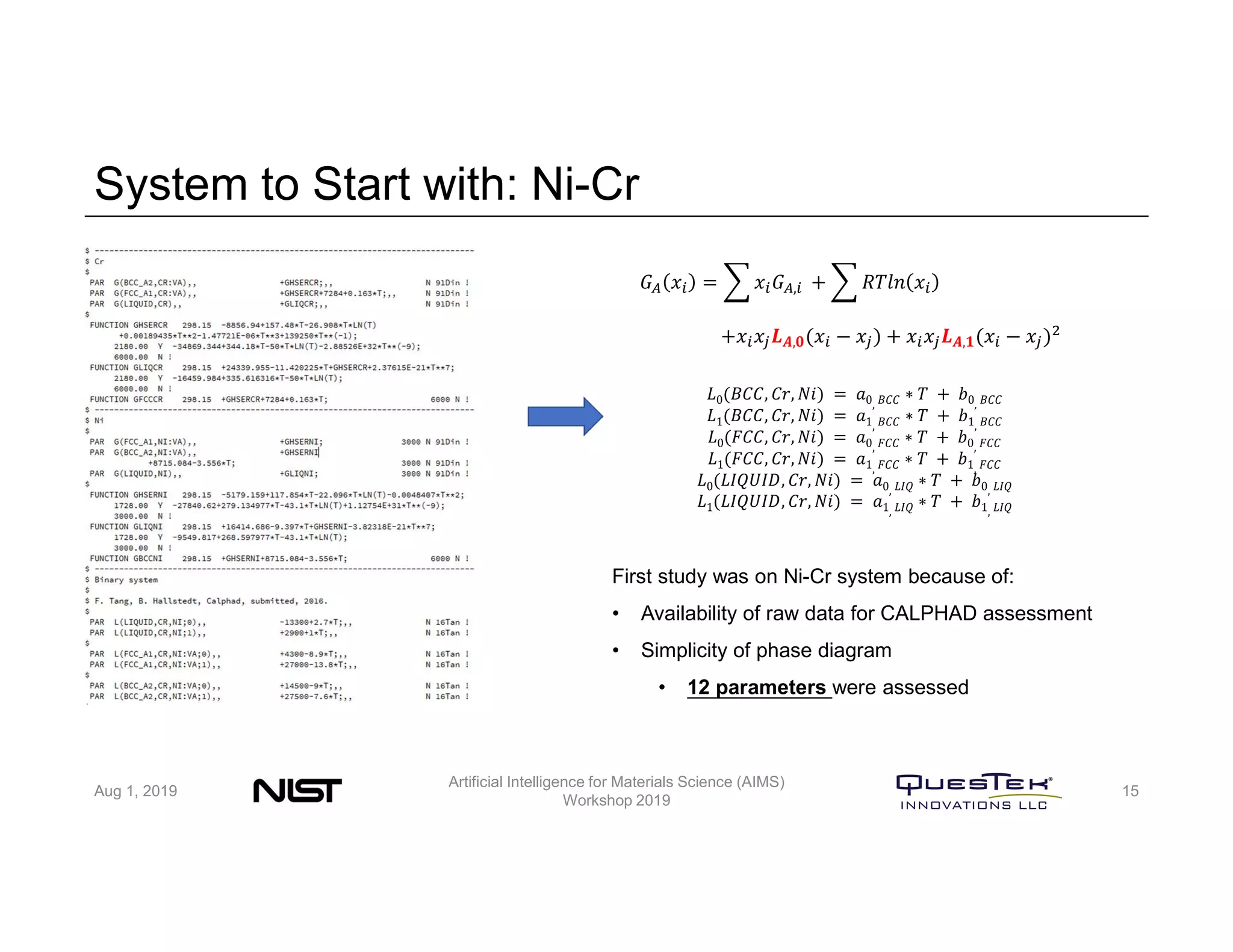 System to Start with: Ni-Cr
𝐺 𝑥 = 𝑥 𝐺 , + 𝑅𝑇𝑙𝑛 𝑥
+𝑥 𝑥 𝑳 𝑨,𝟎(𝑥 − 𝑥 ) + 𝑥 𝑥 𝑳 𝑨,𝟏(𝑥 − 𝑥 )
𝐿0(𝐵𝐶𝐶, 𝐶𝑟, 𝑁𝑖) = 𝑎0, 𝐵𝐶𝐶 ∗ 𝑇 + 𝑏0, 𝐵𝐶𝐶
𝐿1(𝐵𝐶𝐶, 𝐶𝑟, 𝑁𝑖) = 𝑎1, 𝐵𝐶𝐶 ∗ 𝑇 + 𝑏1, 𝐵𝐶𝐶
𝐿0(𝐹𝐶𝐶, 𝐶𝑟, 𝑁𝑖) = 𝑎0, 𝐹𝐶𝐶 ∗ 𝑇 + 𝑏0, 𝐹𝐶𝐶
𝐿1(𝐹𝐶𝐶, 𝐶𝑟, 𝑁𝑖) = 𝑎1, 𝐹𝐶𝐶 ∗ 𝑇 + 𝑏1, 𝐹𝐶𝐶
𝐿0(𝐿𝐼𝑄𝑈𝐼𝐷, 𝐶𝑟, 𝑁𝑖) = 𝑎0, 𝐿𝐼𝑄 ∗ 𝑇 + 𝑏0, 𝐿𝐼𝑄
𝐿1(𝐿𝐼𝑄𝑈𝐼𝐷, 𝐶𝑟, 𝑁𝑖) = 𝑎1, 𝐿𝐼𝑄 ∗ 𝑇 + 𝑏1, 𝐿𝐼𝑄
Aug 1, 2019
Artificial Intelligence for Materials Science (AIMS)
Workshop 2019
15
First study was on Ni-Cr system because of:
• Availability of raw data for CALPHAD assessment
• Simplicity of phase diagram
• 12 parameters were assessed
 
