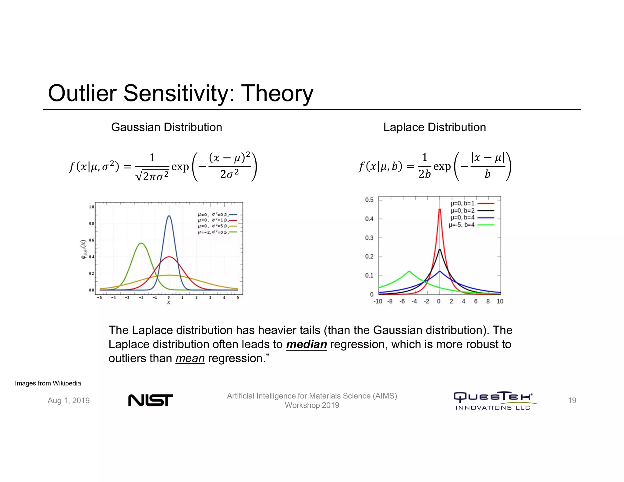 Outlier Sensitivity: Theory
𝑓 𝑥 𝜇, 𝑏 =
1
2𝑏
exp −
𝑥 − 𝜇
𝑏
𝑓 𝑥 𝜇, 𝜎 =
1
2𝜋𝜎
exp −
𝑥 − 𝜇
2𝜎
Gaussian Distribution Laplace Distribution
Images from Wikipedia
The Laplace distribution has heavier tails (than the Gaussian distribution). The
Laplace distribution often leads to median regression, which is more robust to
outliers than mean regression.”
Aug 1, 2019
Artificial Intelligence for Materials Science (AIMS)
Workshop 2019
19
 