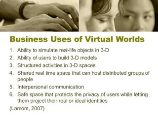 Business Uses of Virtual Worlds Ability to simulate real-life objects in 3-D Ability of users to build 3-D models  Structured activities in 3-D spaces  Shared real time space that can host distributed groups of people Interpersonal communication Safe space that protects the privacy of users while letting them project their real or ideal identities  (Lamont, 2007) 
