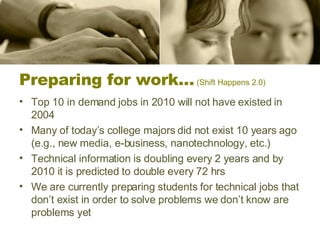 Preparing for work…  (Shift Happens 2.0) Top 10 in demand jobs in 2010 will not have existed in 2004 Many of today’s college majors did not exist 10 years ago (e.g., new media, e-business, nanotechnology, etc.) Technical information is doubling every 2 years and by 2010 it is predicted to double every 72 hrs We are currently preparing students for technical jobs that don’t exist in order to solve problems we don’t know are problems yet 