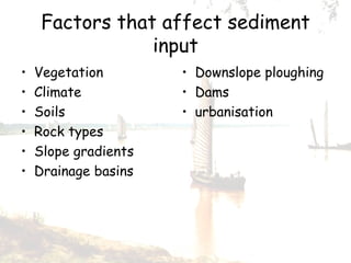 Factors that affect sediment input Vegetation Climate Soils Rock types Slope gradients Drainage basins Downslope ploughing Dams urbanisation 