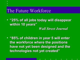 The Future Workforce “ 25% of all jobs today will disappear within 10 years” Wall Street Journal “ 85% of children in year 5 will enter the workforce where the positions have not yet been designed and the technologies not yet created” 