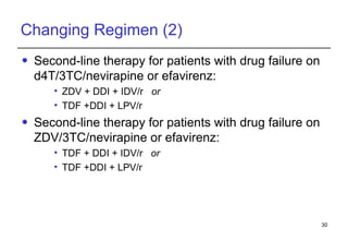 Changing Regimen (2) Second-line therapy for patients with drug failure on d4T/3TC/nevirapine or efavirenz: ZDV + DDI + IDV/r  or TDF +DDI + LPV/r Second-line therapy for patients with drug failure on ZDV/3TC/nevirapine or efavirenz: TDF + DDI + IDV/r  or TDF +DDI + LPV/r 