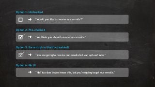 ➜
Option 3: Forced opt-in (field is disabled)
“You are going to receive our emails but can opt-out later”
➜
Option 1: Unchecked
“Would you like to receive our emails?”
➜
Option 2: Pre-checked
“We think you should receive our emails.”
➜
Option 4: No UI
“Ha! You don’t even know this, but you’re going to get our emails.”
 