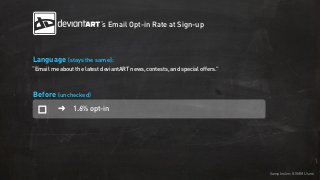 Sample size: 8.5MM Users
‘s Email Opt-in Rate at Sign-up
➜
Before (unchecked)
“Email me about the latest deviantART news, contests, and special offers.”
Language (stays the same):
1.6% opt-in
 