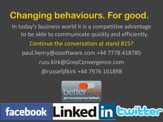 In today’s business world it is a competitive advantage to be able to communicate quickly and efficiently. Continue the conversation at stand 815? paul.henry@oisoftware.com +44 7778 418785 [email_address] @russelljfkirk +44 7976 161898 Changing behaviours. For good. 