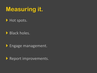Measuring it. Hot spots. Black holes. Engage management. Report improvements.