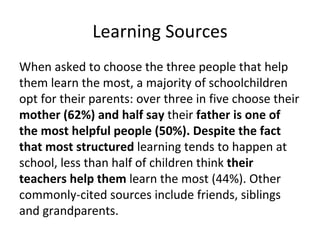 Learning Sources When asked to choose the three people that help them learn the most, a majority of schoolchildren opt for their parents: over three in five choose their  mother (62%) and half say  their  father is one of the most helpful people (50%). Despite the fact that most structured  learning tends to happen at school, less than half of children think  their teachers help them  learn the most (44%). Other commonly-cited sources include friends, siblings and  grandparents. 