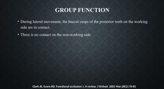 GROUP FUNCTION
• During lateral movement, the buccal cusps of the posterior teeth on the working
side are in contact.
• There is no contact on the non-working side.
Clark JR, Evans RD. Functional occlusion: I. A review. J Orthod. 2001 Mar;28(1):76-81
 