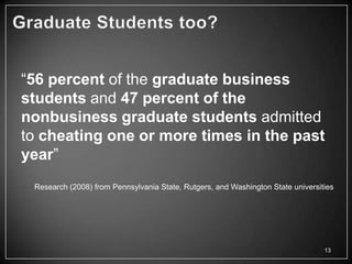 ―56 percent of the graduate business
students and 47 percent of the
nonbusiness graduate students admitted
to cheating one or more times in the past
year‖
 Research (2008) from Pennsylvania State, Rutgers, and Washington State universities




                                                                                 13
 