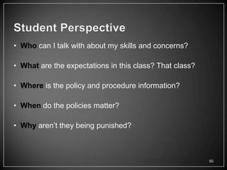 • Who can I talk with about my skills and concerns?

• What are the expectations in this class? That class?

• Where is the policy and procedure information?

• When do the policies matter?

• Why aren‘t they being punished?



                                                         50
 