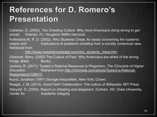 Callahan, D. (2004). The Cheating Culture. Why more Americans doing wrong to get
ahead. Orlando, FL: Houghton Mifflin Harcourt.
Follendore III, R. D. (2002). Why Students Cheat. An essay concerning the systemic
origins and           implications of academic cheating from a socially contextual view.
Retrieved from
           http://www.noisetoknowledge.com/why_students_cheat.htm
Glassner, Barry. (2000) The Culture of Fear: Why Americans are afraid of the wrong
things. Basic         Books.
Jenkins, R. (2011). Toward a Rational Response to Plagiarism. The Chronicle of Higher
Education.            Retrieved from http://chronicle.com/article/Toward-a-Rational-
Response-to/128611/
Kozol, Jonathan (1991) Savage Inequalities. New York: Crown.
Reagle, J. M. (2010). Good Faith Collaboration: The culture of Wikipedia: MIT Press.
Waryold, D. (2003). Report on cheating and plagiarism. Durham, NC: Duke University,
Center for            Academic Integrity.



                                                                                           61
 
