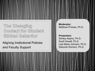 Moderator:
                                  Matthew Prineas, Ph.D.


                                  Presenters:
                                  Shirley Adams, Ph.D.
                                  Scott Howell, Ph.D.
Aligning Institutional Policies   Lisa Marie Johnson, Ph.D.
and Faculty Support               Deborah Romero, Ph.D.
 
