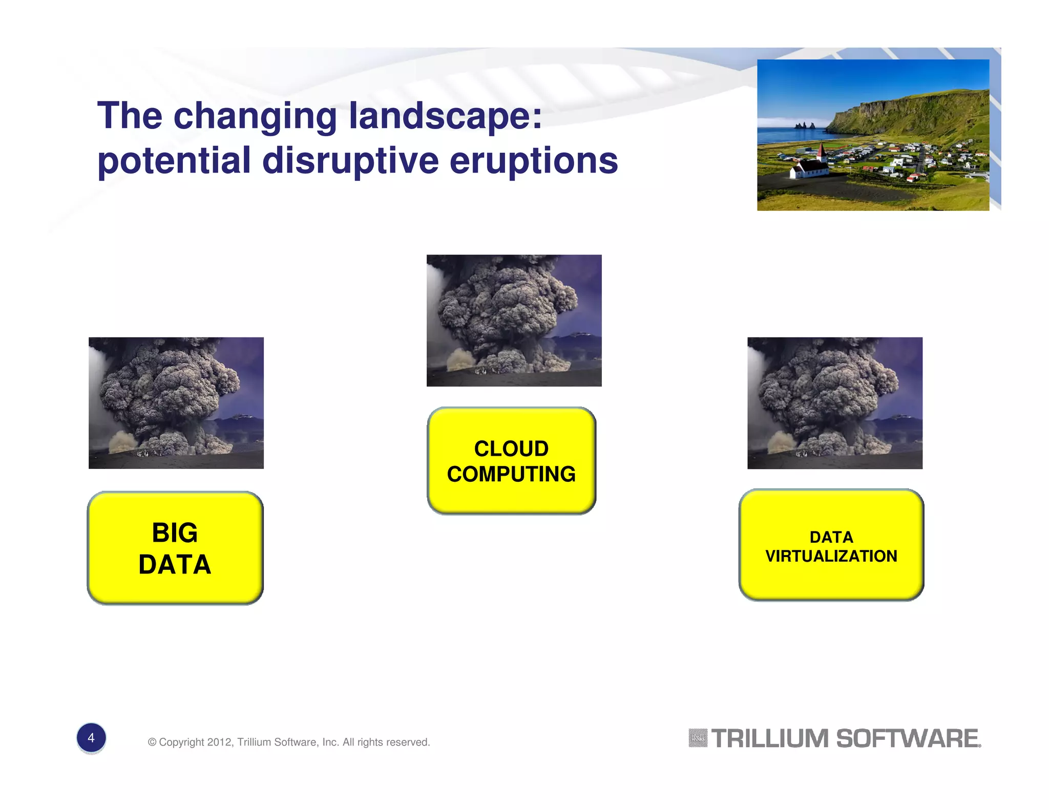The changing landscape:
potential disruptive eruptions
BIG
DATA
CLOUD
COMPUTING
DATA
VIRTUALIZATION
4 © Copyright 2012, Trillium Software, Inc. All rights reserved.
 
