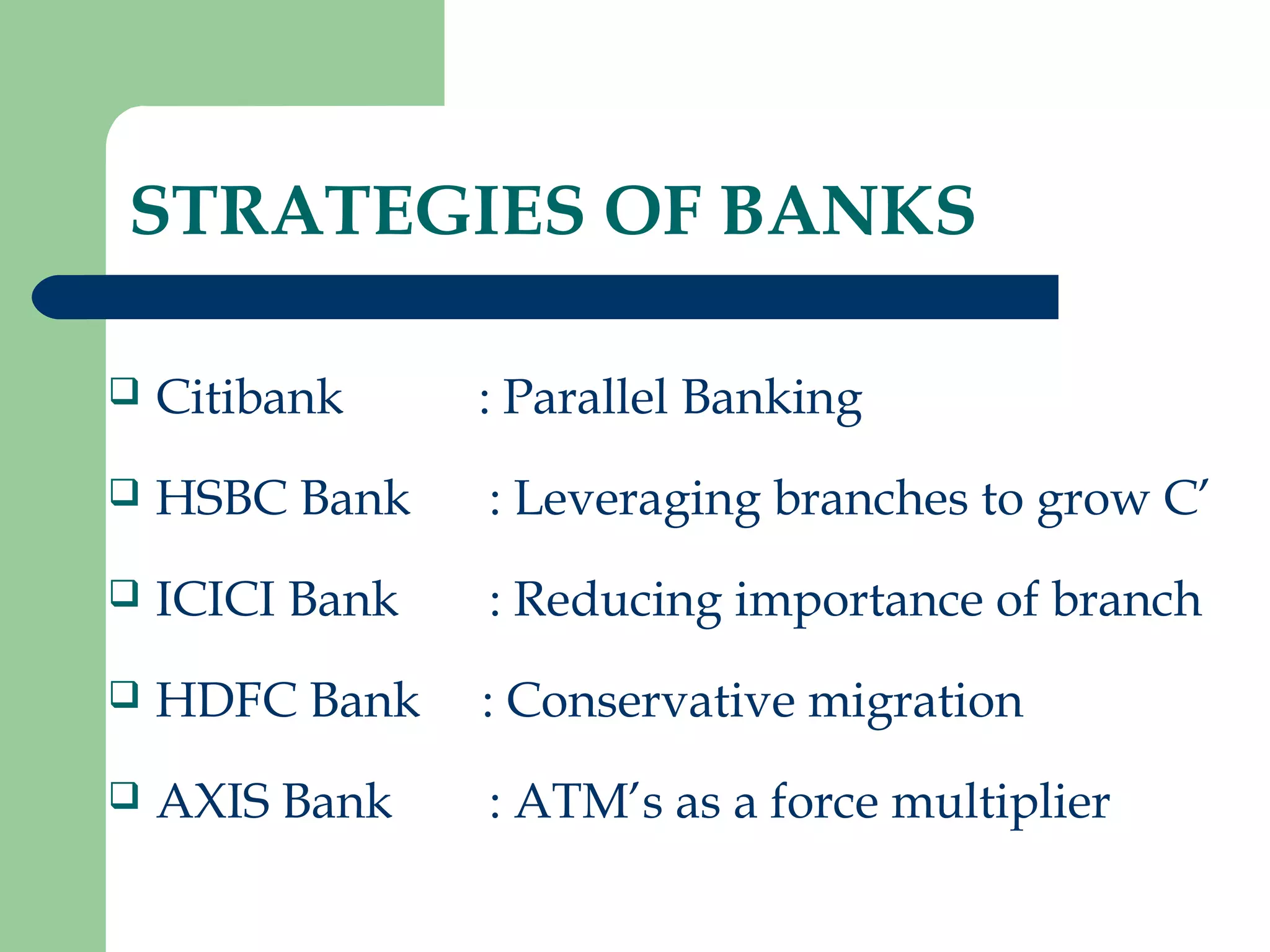 STRATEGIES OF BANKS 
 Citibank : Parallel Banking 
 HSBC Bank : Leveraging branches to grow C’ 
 ICICI Bank : Reducing importance of branch 
 HDFC Bank : Conservative migration 
 AXIS Bank : ATM’s as a force multiplier 
 