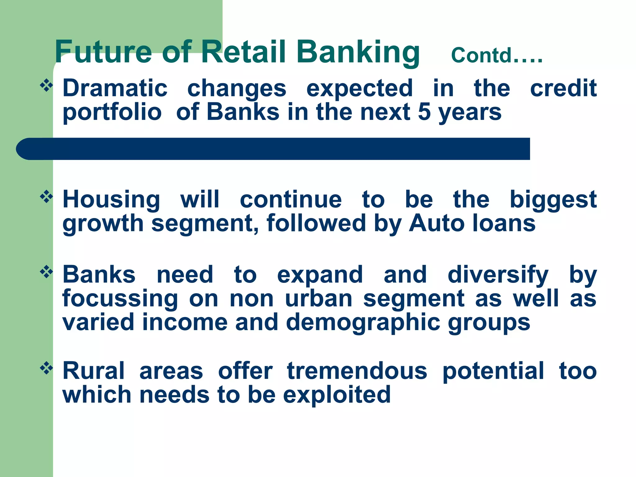 Future of Retail Banking Contd…. 
 Dramatic changes expected in the credit 
portfolio of Banks in the next 5 years 
 Housing will continue to be the biggest 
growth segment, followed by Auto loans 
 Banks need to expand and diversify by 
focussing on non urban segment as well as 
varied income and demographic groups 
 Rural areas offer tremendous potential too 
which needs to be exploited 
 