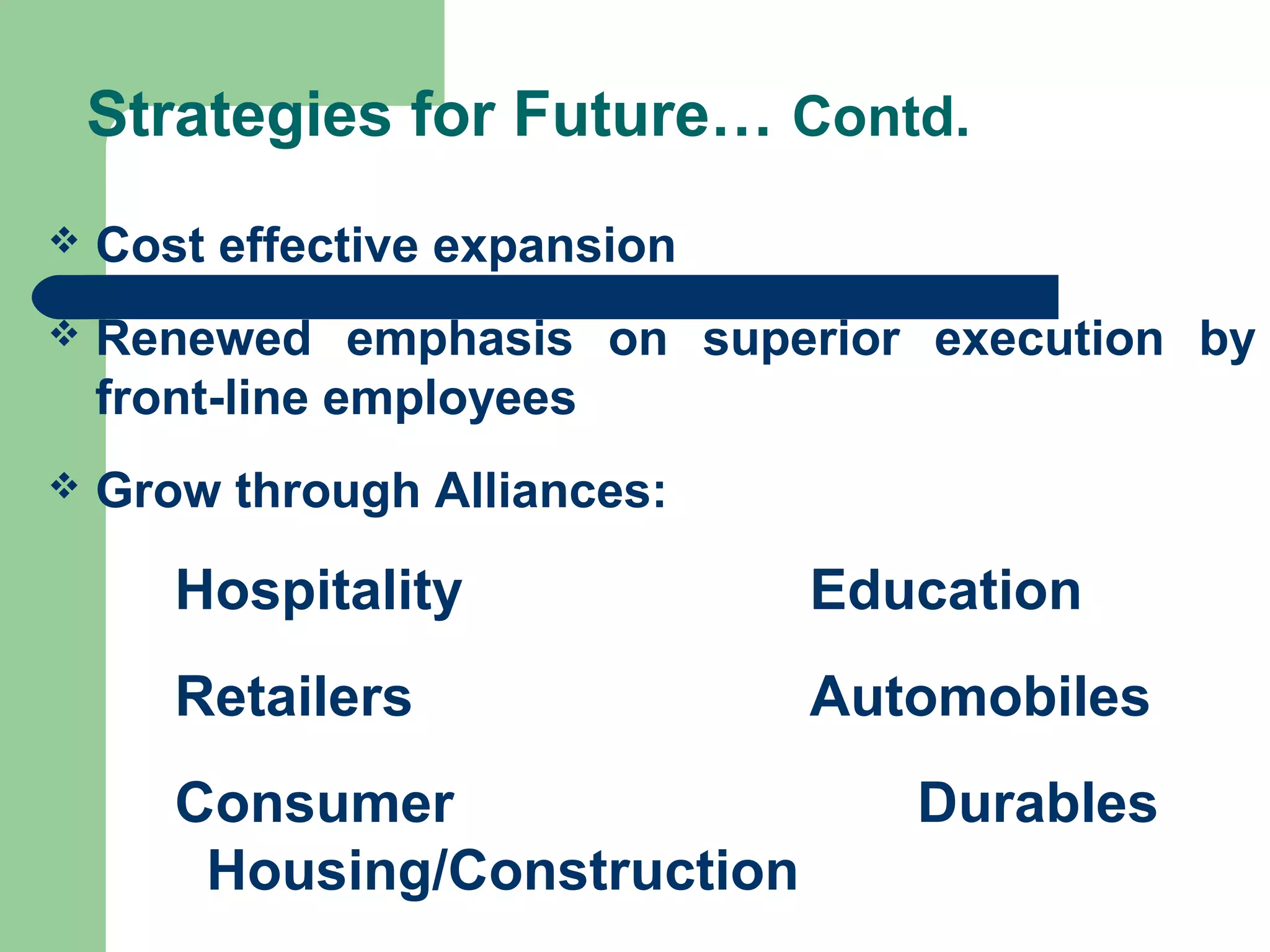 Strategies for Future… Contd. 
 Cost effective expansion 
 Renewed emphasis on superior execution by 
front-line employees 
 Grow through Alliances: 
Hospitality Education 
Retailers Automobiles 
Consumer Durables 
Housing/Construction 
 