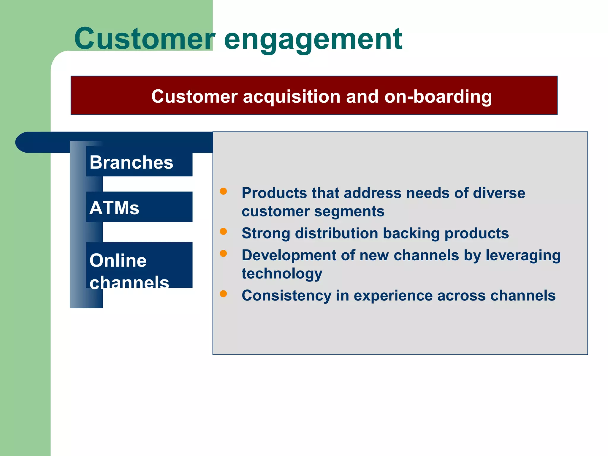 Customer engagement 
Customer acquisition and on-boarding 
Branches 
ATMs 
Online 
channels 
 Products that address needs of diverse 
customer segments 
 Strong distribution backing products 
 Development of new channels by leveraging 
technology 
 Consistency in experience across channels 
 