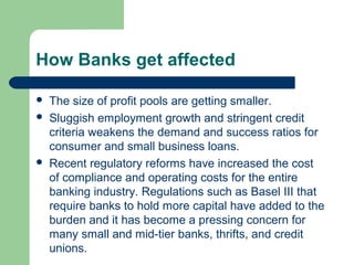 How Banks get affected 
 The size of profit pools are getting smaller. 
 Sluggish employment growth and stringent credit 
criteria weakens the demand and success ratios for 
consumer and small business loans. 
 Recent regulatory reforms have increased the cost 
of compliance and operating costs for the entire 
banking industry. Regulations such as Basel III that 
require banks to hold more capital have added to the 
burden and it has become a pressing concern for 
many small and mid-tier banks, thrifts, and credit 
unions. 
 