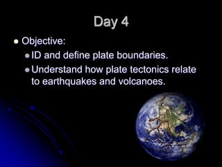 Day 4
 Objective:
 ID and define plate boundaries.
 Understand how plate tectonics relate
to earthquakes and volcanoes.
 