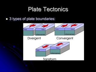 Plate Tectonics
 3 types of plate boundaries:
 