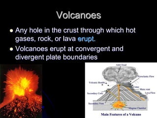 Volcanoes
 Any hole in the crust through which hot
gases, rock, or lava erupt.
 Volcanoes erupt at convergent and
divergent plate boundaries
 
