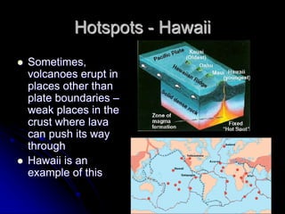 Hotspots - Hawaii
 Sometimes,
volcanoes erupt in
places other than
plate boundaries –
weak places in the
crust where lava
can push its way
through
 Hawaii is an
example of this
 