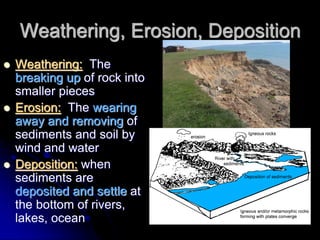 Weathering, Erosion, Deposition
 Weathering: The
breaking up of rock into
smaller pieces
 Erosion: The wearing
away and removing of
sediments and soil by
wind and water
 Deposition: when
sediments are
deposited and settle at
the bottom of rivers,
lakes, ocean
 