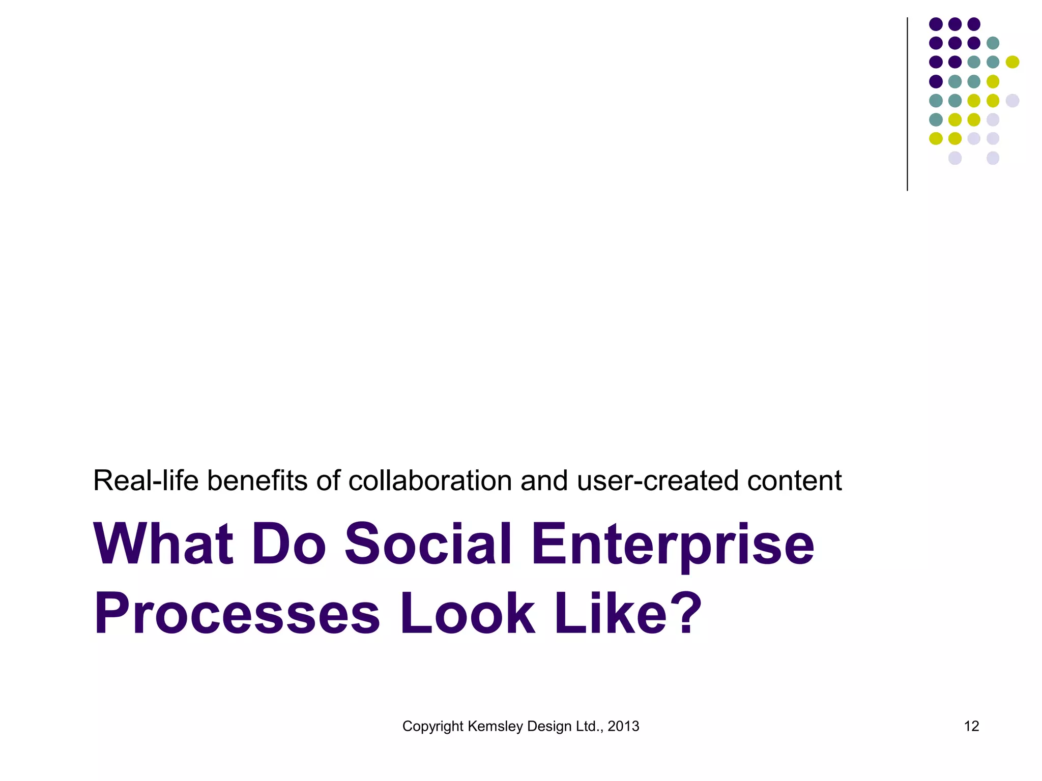 Real-life benefits of collaboration and user-created content

What Do Social Enterprise
Processes Look Like?
Copyright Kemsley Design Ltd., 2013

12

 