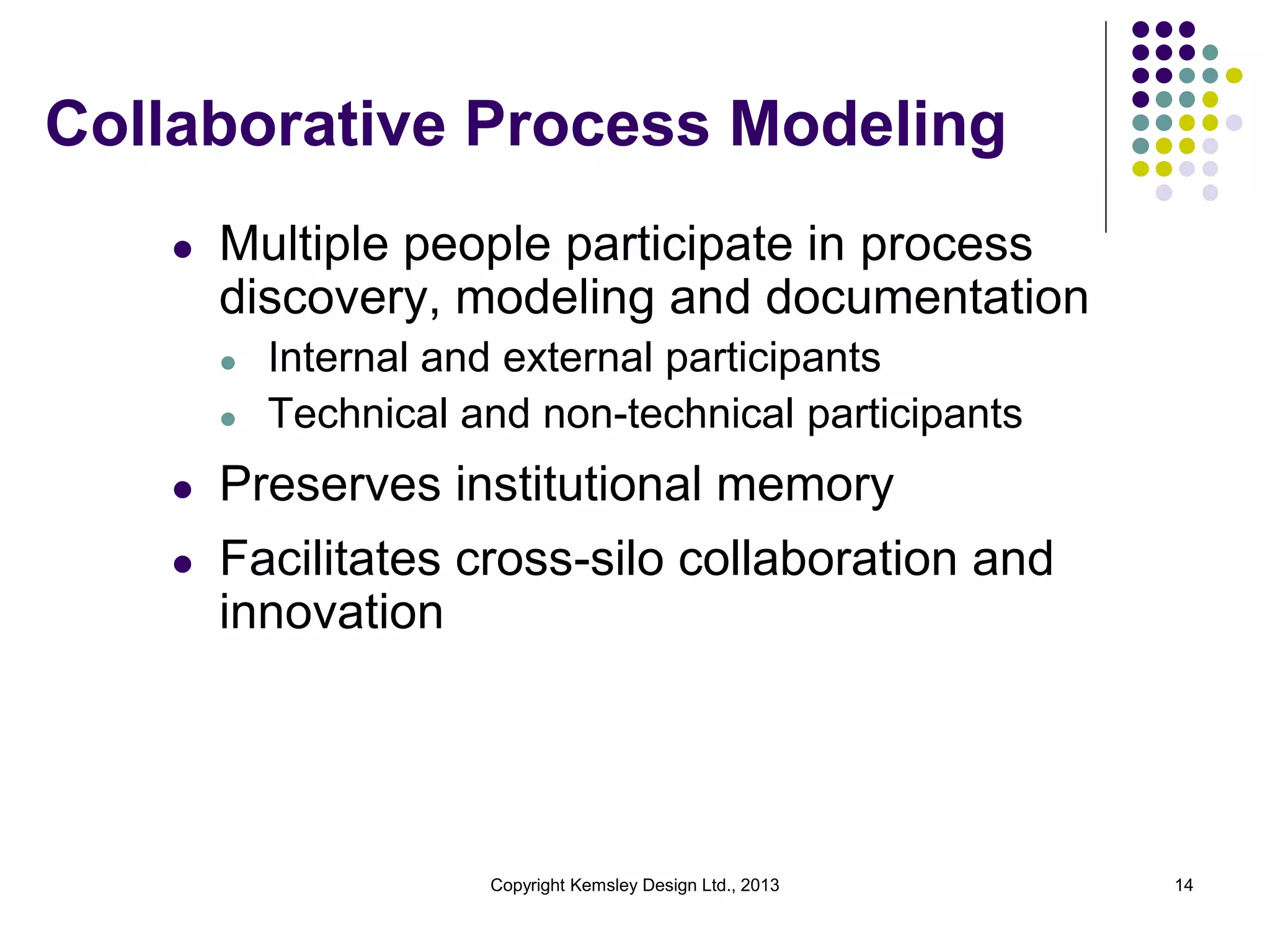Collaborative Process Modeling
l

Multiple people participate in process
discovery, modeling and documentation
l
l

Internal and external participants
Technical and non-technical participants

l

Preserves institutional memory

l

Facilitates cross-silo collaboration and
innovation

Copyright Kemsley Design Ltd., 2013

14

 
