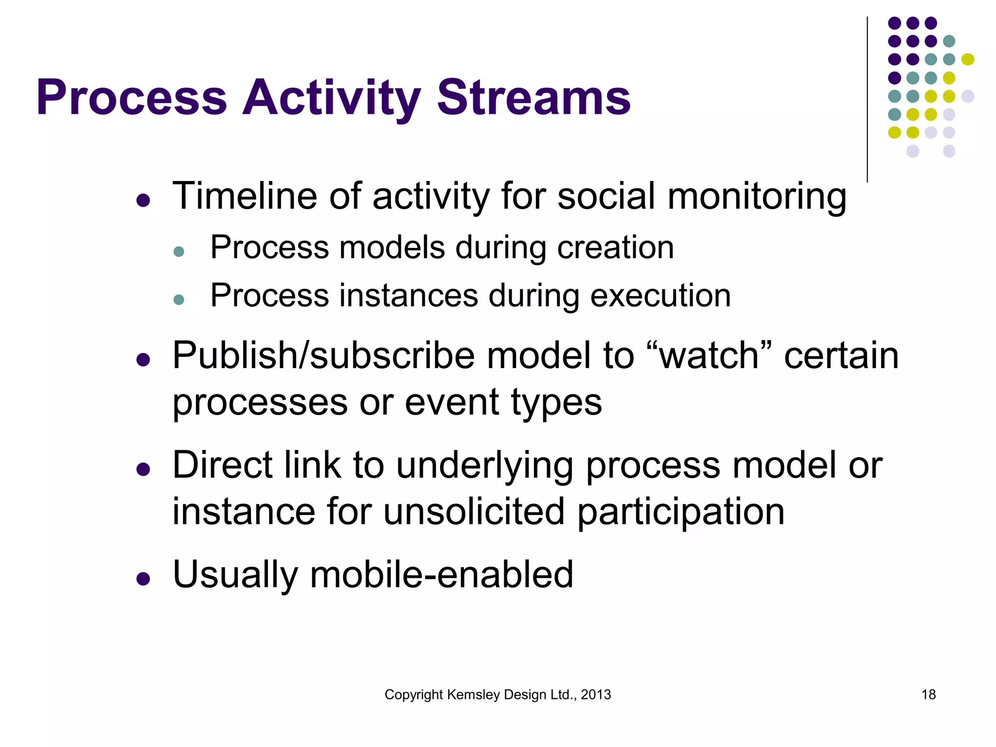 Process Activity Streams
l

Timeline of activity for social monitoring
l
l

l

Process models during creation
Process instances during execution

Publish/subscribe model to “watch” certain
processes or event types

l

Direct link to underlying process model or
instance for unsolicited participation

l

Usually mobile-enabled
Copyright Kemsley Design Ltd., 2013

18

 