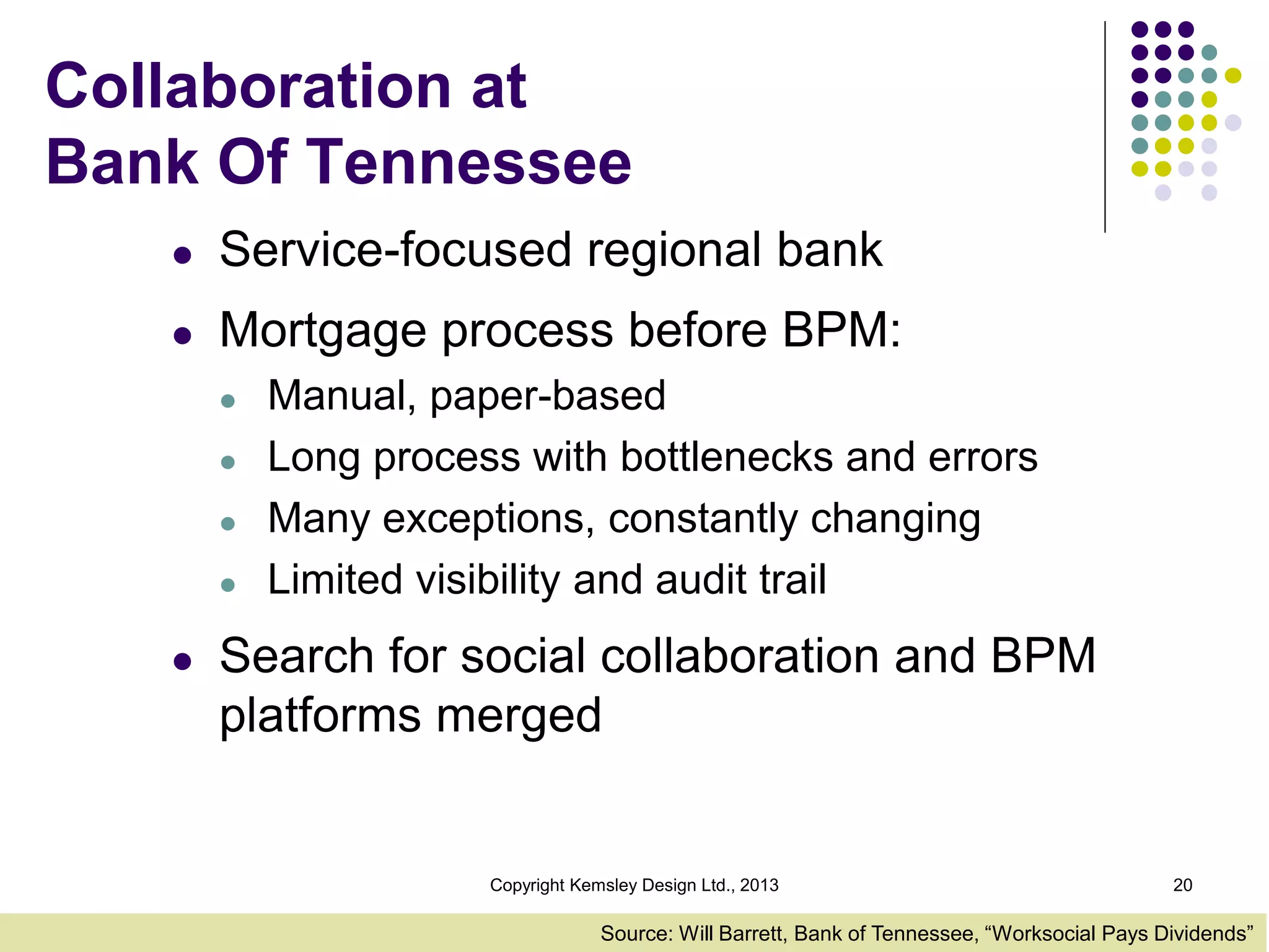 Collaboration at
Bank Of Tennessee
l

Service-focused regional bank

l

Mortgage process before BPM:
l
l
l
l

l

Manual, paper-based
Long process with bottlenecks and errors
Many exceptions, constantly changing
Limited visibility and audit trail

Search for social collaboration and BPM
platforms merged

Copyright Kemsley Design Ltd., 2013

20

Source: Will Barrett, Bank of Tennessee, “Worksocial Pays Dividends”

 