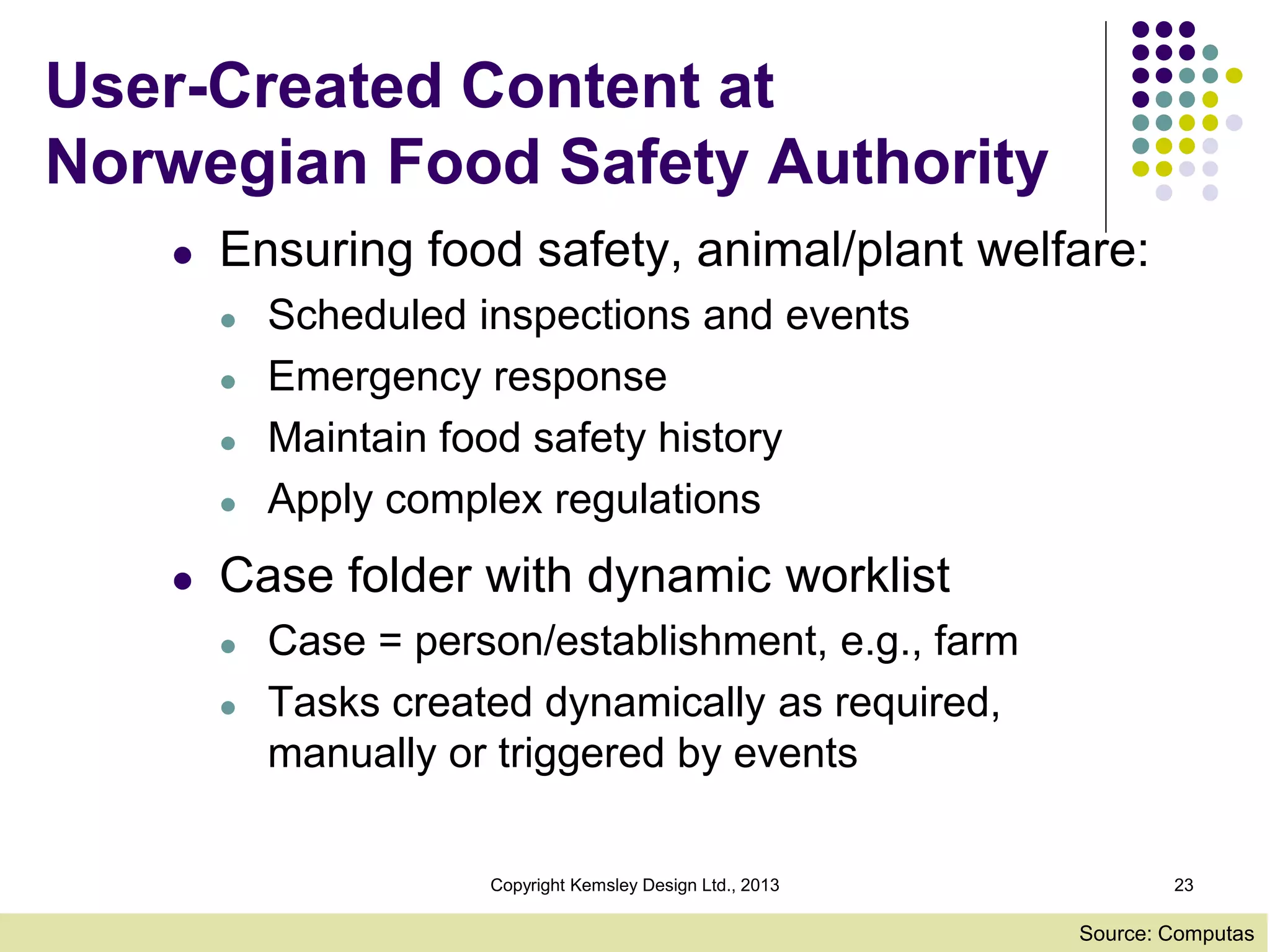 User-Created Content at
Norwegian Food Safety Authority
l

Ensuring food safety, animal/plant welfare:
l
l
l
l

l

Scheduled inspections and events
Emergency response
Maintain food safety history
Apply complex regulations

Case folder with dynamic worklist
l
l

Case = person/establishment, e.g., farm
Tasks created dynamically as required,
manually or triggered by events
Copyright Kemsley Design Ltd., 2013

23

Source: Computas

 