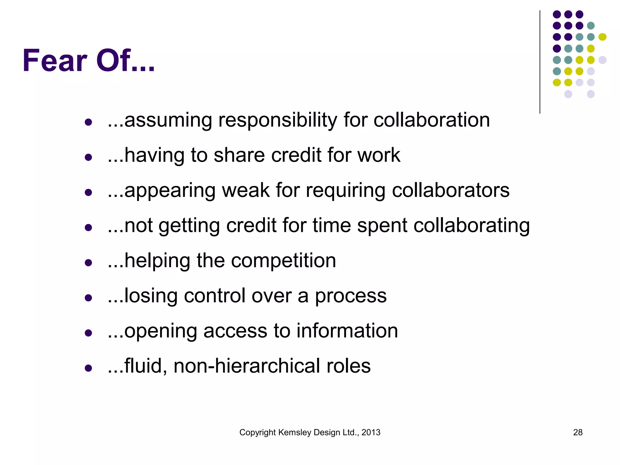 Fear Of...
l

...assuming responsibility for collaboration

l

...having to share credit for work

l

...appearing weak for requiring collaborators

l

...not getting credit for time spent collaborating

l

...helping the competition

l

...losing control over a process

l

...opening access to information

l

...fluid, non-hierarchical roles

Copyright Kemsley Design Ltd., 2013

28

 