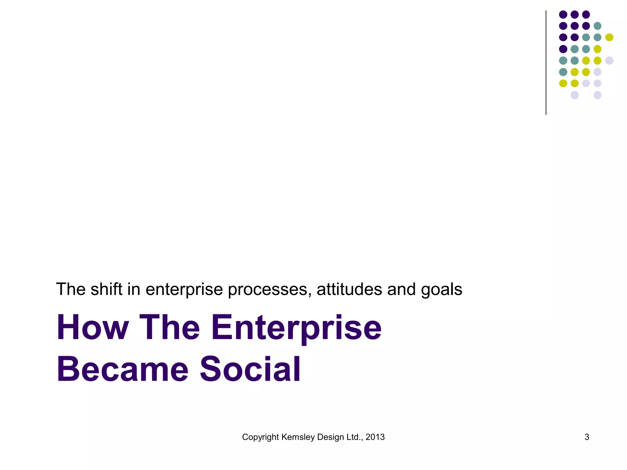 The shift in enterprise processes, attitudes and goals

How The Enterprise
Became Social
Copyright Kemsley Design Ltd., 2013

3

 