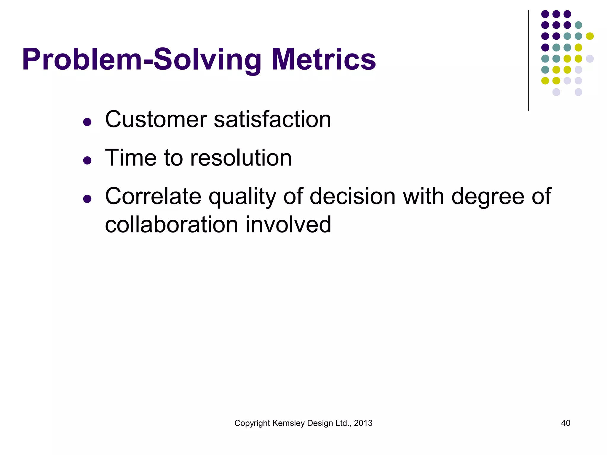 Problem-Solving Metrics
l

Customer satisfaction

l

Time to resolution

l

Correlate quality of decision with degree of
collaboration involved

Copyright Kemsley Design Ltd., 2013

40

 