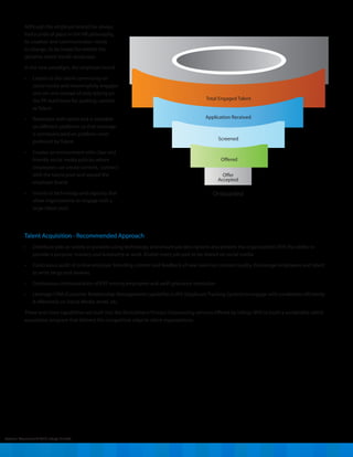 External Document © 2014 Infosys Limited
Talent Acquisition - Recommended Approach
•	 Distribute jobs as widely as possible using technology and ensure job descriptions also present the organization’s EVP, the ability to
provide a purpose, mastery and autonomy at work. Enable every job post to be shared on social media
•	 Continuous audit of online employer branding content and feedback of new talent on content quality. Encourage employees and talent
to write blogs and reviews.
•	 Continuous communication of EVP among employees and swift grievance resolution
•	 Leverage CRM (Customer Relationship Management) capability in ATS (Applicant Tracking System) to engage with candidates efficiently
& effectively on Social Media, email, etc.
These and more capabilities are built into the Recruitment Process Outsourcing services offered by Infosys BPO to build a sustainable talent
acquisition program that delivers the competitive edge to client organizations.
Although the employer brand has always
had a pride of place in the HR philosophy,
its creation and communication needs
to change, to be impactful amidst the
dynamic talent trends landscape.
In the new paradigm, the employer brand
•	 Listens to the talent community on
social media and meaningfully engages
one-on-one instead of only relying on
the PR machinery for pushing content
to Talent
•	 Resonates with talent and is available
on different platforms so that message
is communicated on platform most
preferred by Talent
•	 Creates an environment with clear and
friendly social media policies where
employees can create content, connect
with the talent pool and spread the
employer brand
•	 Invests in technology and capacity that
allow organizations to engage with a
large talent pool
Total Engaged Talent
Application Received
Screened
Offered
Offer
Accepted
Onboarded
 