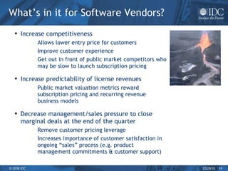 What’s in it for Software Vendors? Increase competitiveness Allows lower entry price for customers  Improve customer experience Get out in front of public market competitors who may be slow to launch subscription pricing  Increase predictability of license revenues  Public market valuation metrics reward subscription pricing and recurring revenue business models  Decrease management/sales pressure to close marginal deals at the end of the quarter Remove customer pricing leverage Increases importance of customer satisfaction in ongoing “sales” process (e.g. product management commitments & customer support) 