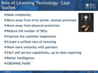 Mask complexity Move away from error-prone, manual processes Move away from physical protection Reduce the number of SKUs Improve the customer experience Create a unified view of licensing Work more smoothly with partners  24x7 self service capabilities, up-to-date reporting  Better intelligence GROWING PAINS Role of Licensing Technology- Case Studies 
