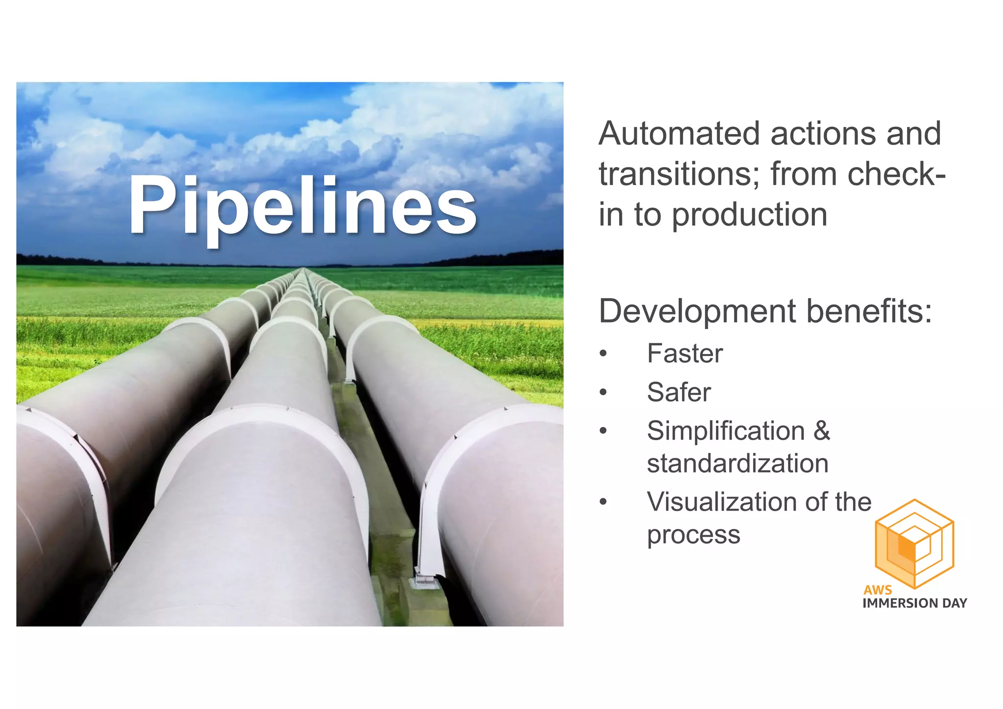 Automated actions and
transitions; from check-
in to production
Development benefits:
• Faster
• Safer
• Simplification &
standardization
• Visualization of the
process
Pipelines
 