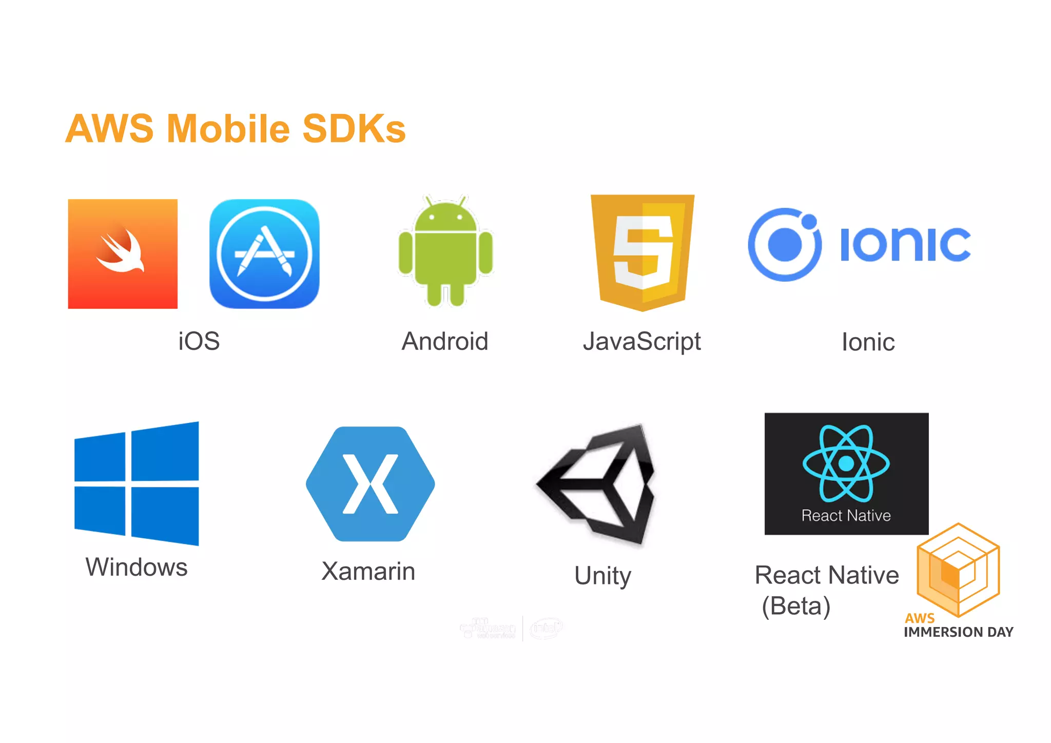 AWS Mobile SDKs
UnityXamarin React Native
(Beta)
iOS Android
Windows
JavaScript Ionic
 