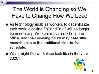 The World is Changing so We Have to Change How We LeadAs technology enables workers to decentralize their work, clocking "in" and "out" will no longer be necessary. Workers may rarely be in the office, and their working hours may bear little resemblance to the traditional nine-to-five schedule. What might the workplace look like in the year 2020?2
