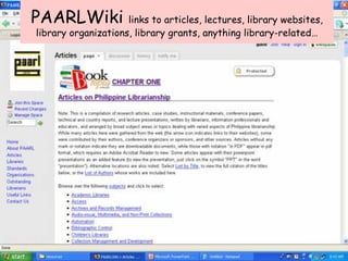 PAARLWiki  links to articles, lectures, library websites, library organizations, library grants, anything library-related… 