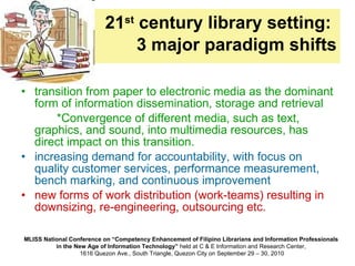 21 st  century library setting:     3 major paradigm shifts transition from paper to electronic media as the dominant form of information dissemination, storage and retrieval  *Convergence of different media, such as text, graphics, and sound, into multimedia resources, has direct impact on this transition.   increasing demand for accountability, with focus on quality customer services, performance measurement, bench marking, and continuous improvement new forms of work distribution (work-teams) resulting in downsizing, re-engineering, outsourcing etc.  