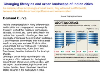 Changing lifestyles and urban landscape of Indian cities
As marketers look increasingly at small towns, they will need to differentiate
between the attributes of cosmopolitanism and westernization
                                                      Source: City Skyline of India
Demand Curve
India is changing rapidly in many different ways
and its cities are changing even more rapidly.
Typically, we find that most new technologies,
attitudes, fashions, etc., come about first in the
metros, then spread to other larger cities, and
eventually encompass the entire urban landscape.
Classifying cities according to their market sizes
into four categories, we have 10 alpha cities,
which include the four metros and Hyderabad,
Bangalore, Ahmedabad, Pune, Surat and
Coimbatore, the cities that are the first to adopt
change.
Looking at one of these new changes—the
emergence of the mall—we find the highest
concentration of mall users in these cities. With
the largest urban markets, high incomes and
nuclear families, these cities have been ideal
places to usher in the mall culture in India.
 