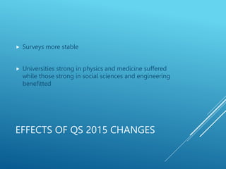 EFFECTS OF QS 2015 CHANGES
 Surveys more stable
 Universities strong in physics and medicine suffered
while those strong in social sciences and engineering
benefitted
 