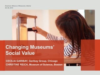 American Alliance of Museums: Atlanta
Aril 26, 2015
Changing Museums’
Social Value
CECILIA GARIBAY, Garibay Group, Chicago
CHRISTINE REICH, Museum of Science, Boston
 